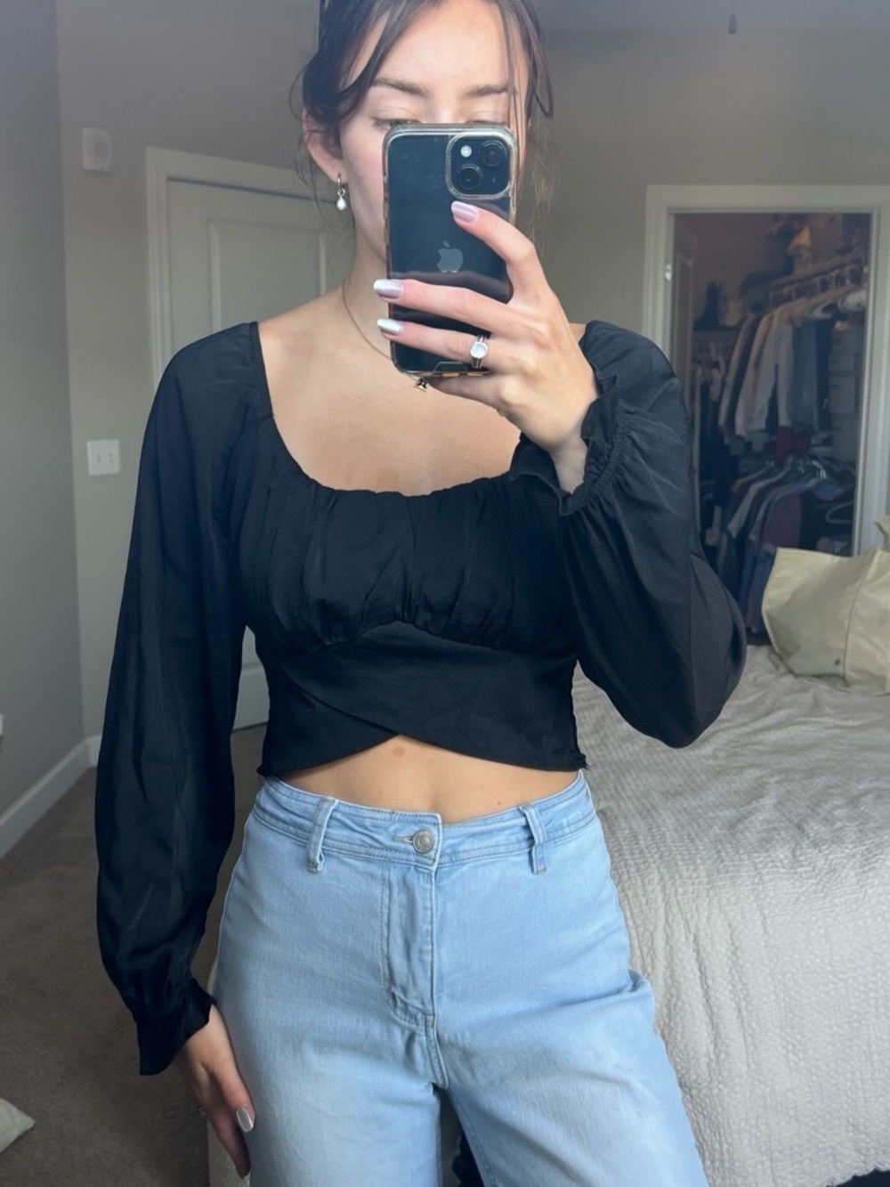 Altar'd State Black Square-Neck Long-Sleeve Crop Top